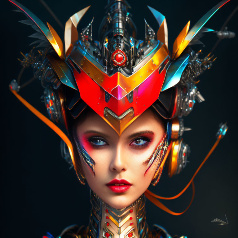 Detailed futuristic female character with intricate robotic helmet and colorful designs.