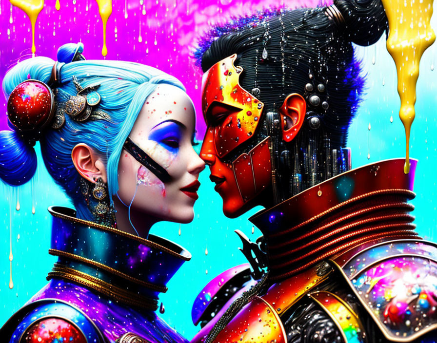 Colorful Faces Embracing in Japanese-Futuristic Fusion