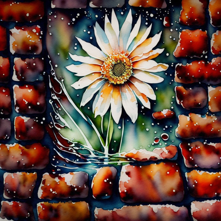 Colorful watercolor painting of a daisy with water droplets on mosaic background