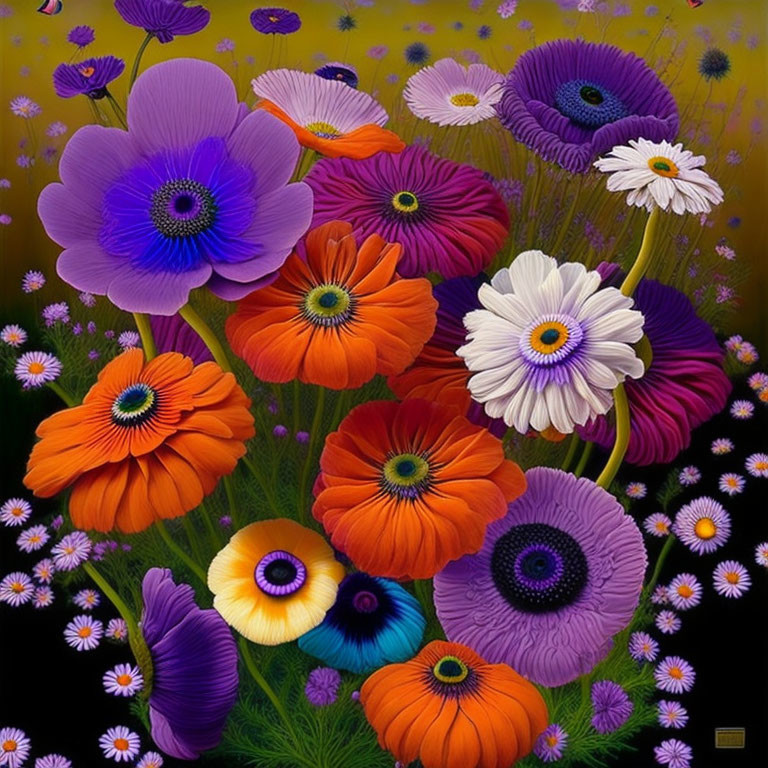 Assorted colorful flowers painting with purple, orange, and white hues on dark background