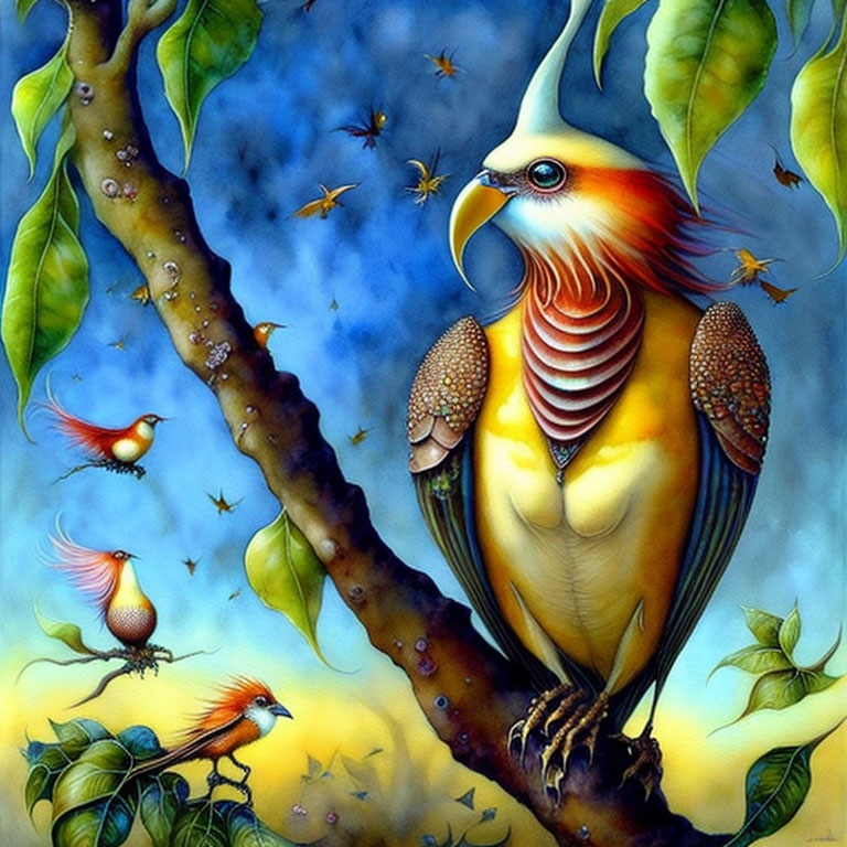 Vibrant exotic birds on tree branch under starry sky