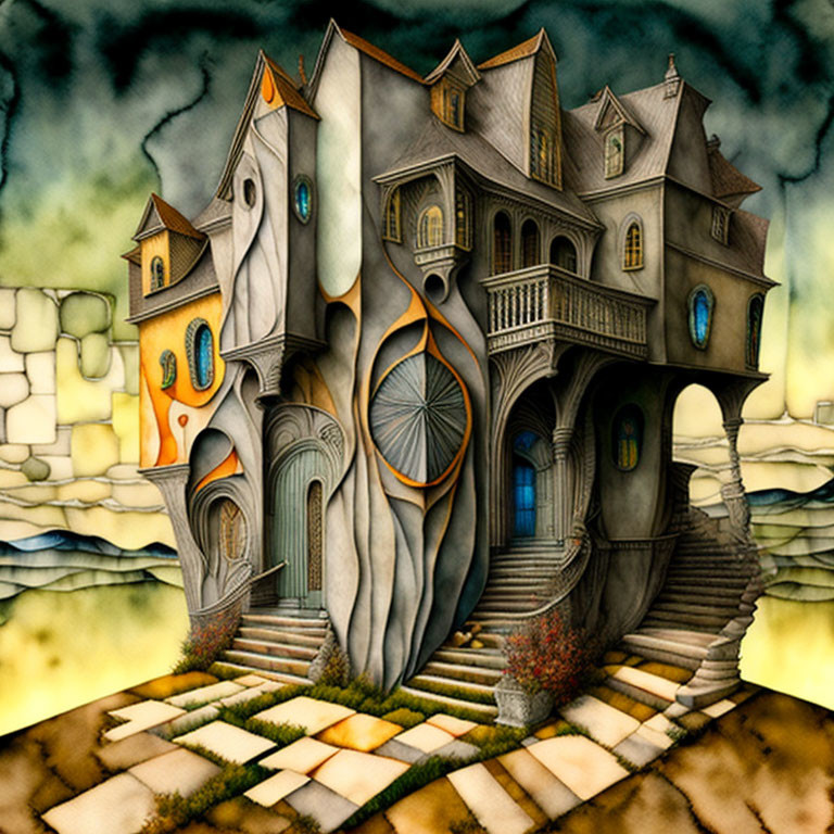 Surreal cartoon-style fantasy house on moody sky