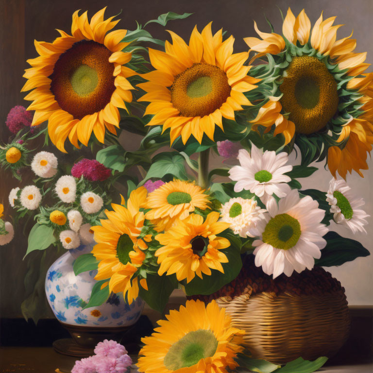 Vibrant sunflowers and daisies in wicker basket with dark background