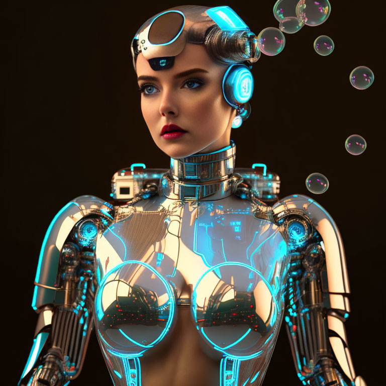 Transparent Chassis Female Android with Illuminated Mechanisms and Headset