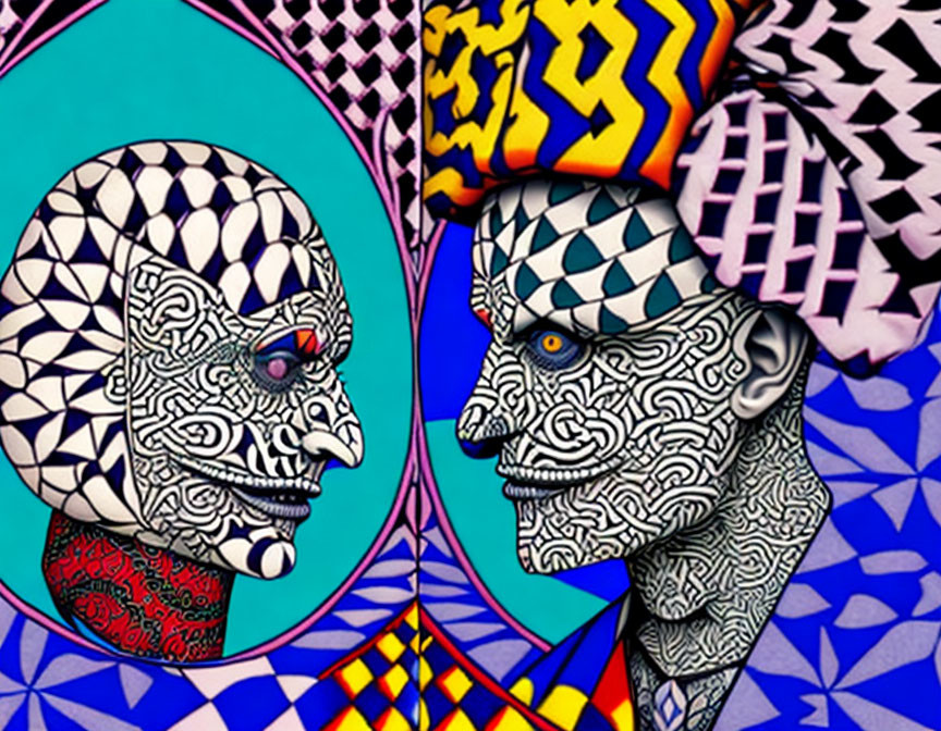 Colorful Digital Artwork: Two Patterned Faces on Geometric Background