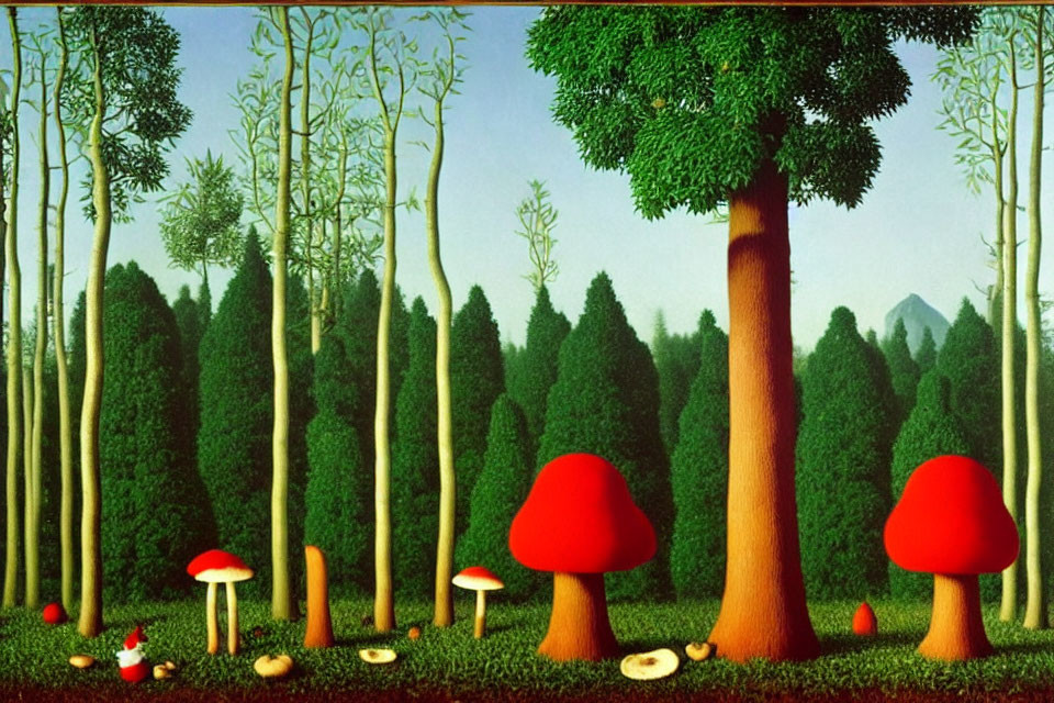 Whimsical forest painting with slender trees and red-capped mushrooms