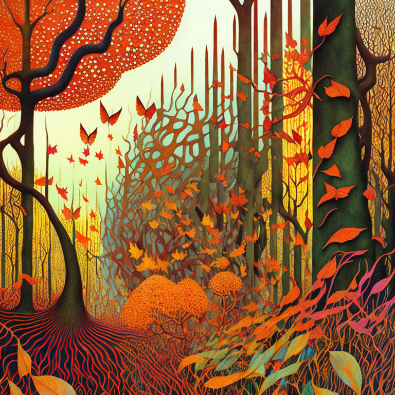 Colorful autumn forest illustration with whimsical trees and falling leaves