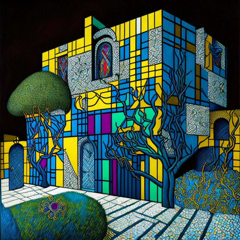 Vibrant painting of geometric building in nature scene