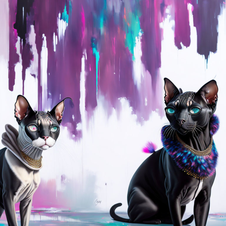 Stylized sphynx cats with jewelry on vibrant abstract background