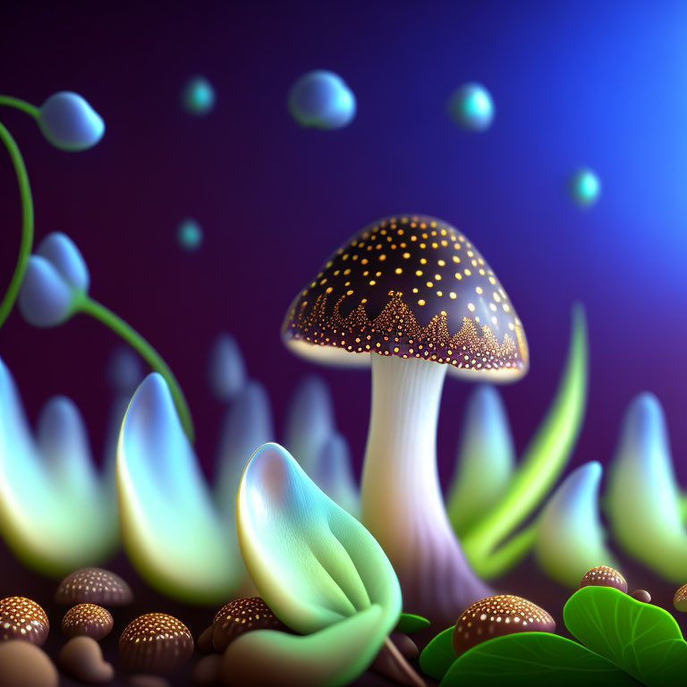 Fantasy-style glowing mushroom on dark background with vibrant plants.