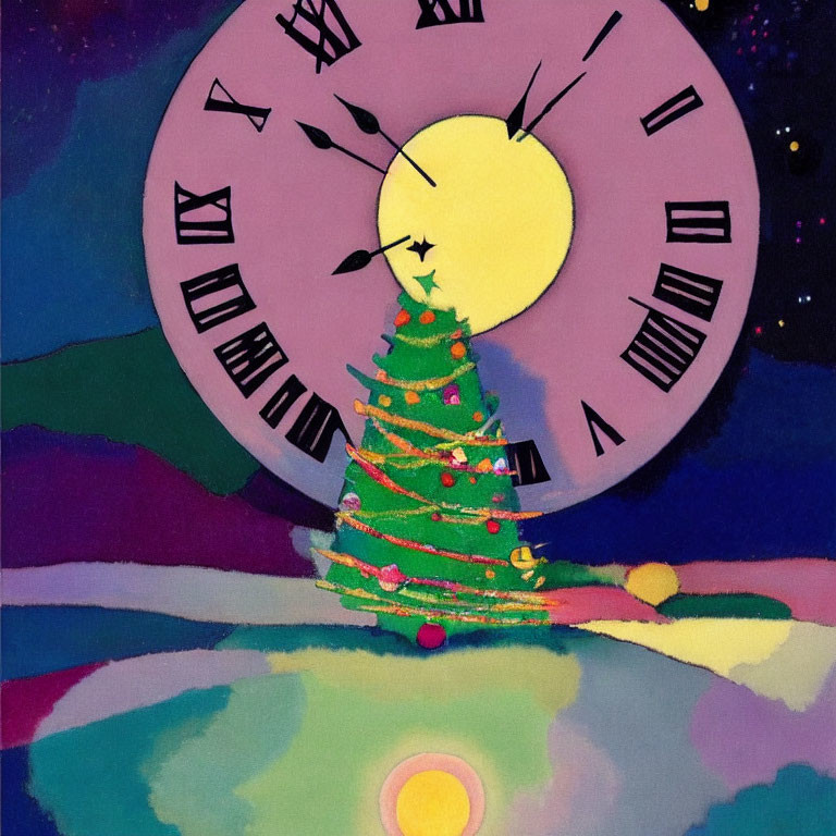 Colorful Christmas tree and pink clock under starry sky