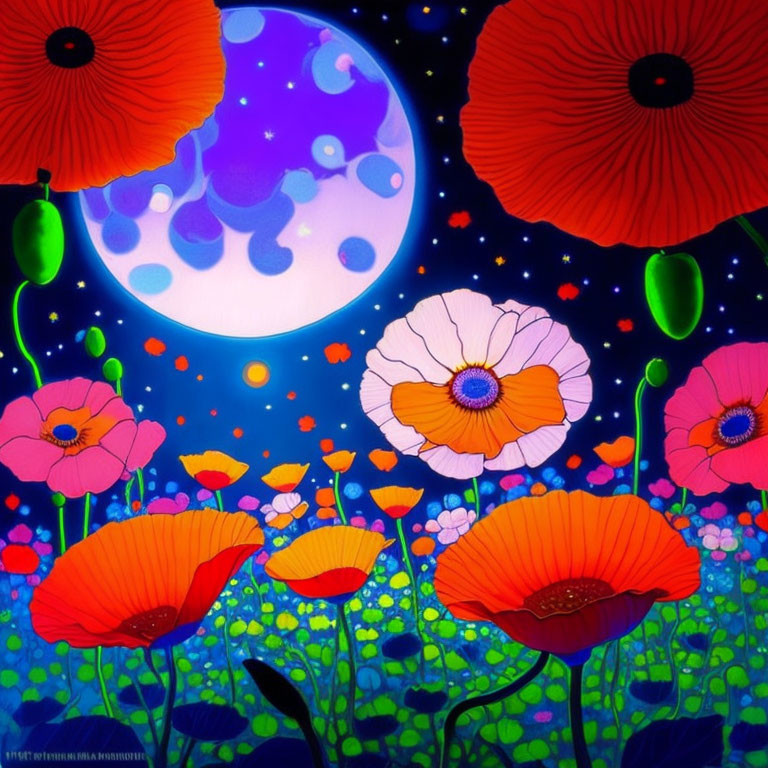 Detailed Moon and Red & White Poppies in Night Sky