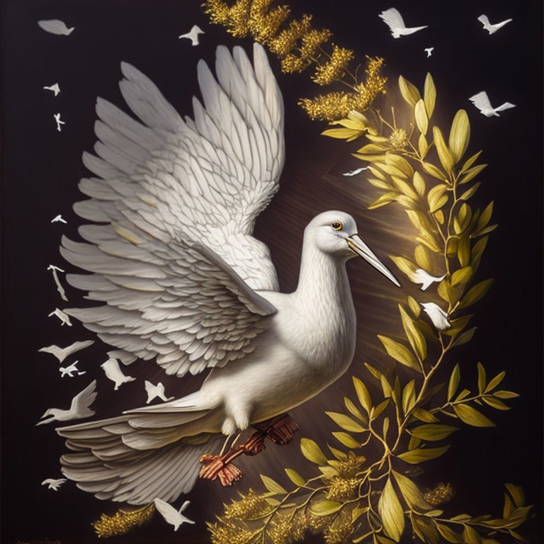 White Dove Flying with Olive Branches Symbolizing Peace