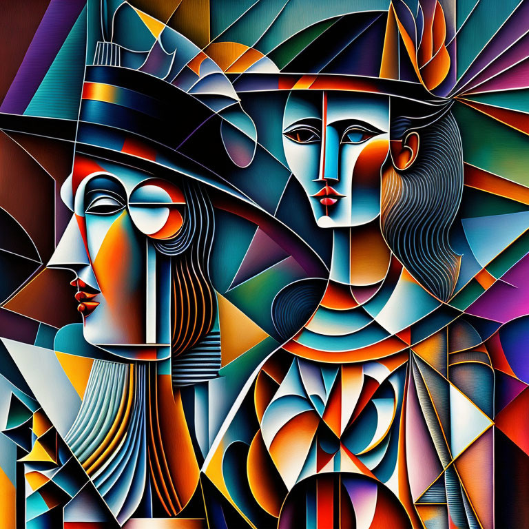 Colorful Cubist-Style Painting with Geometric Faces and Abstract Patterns