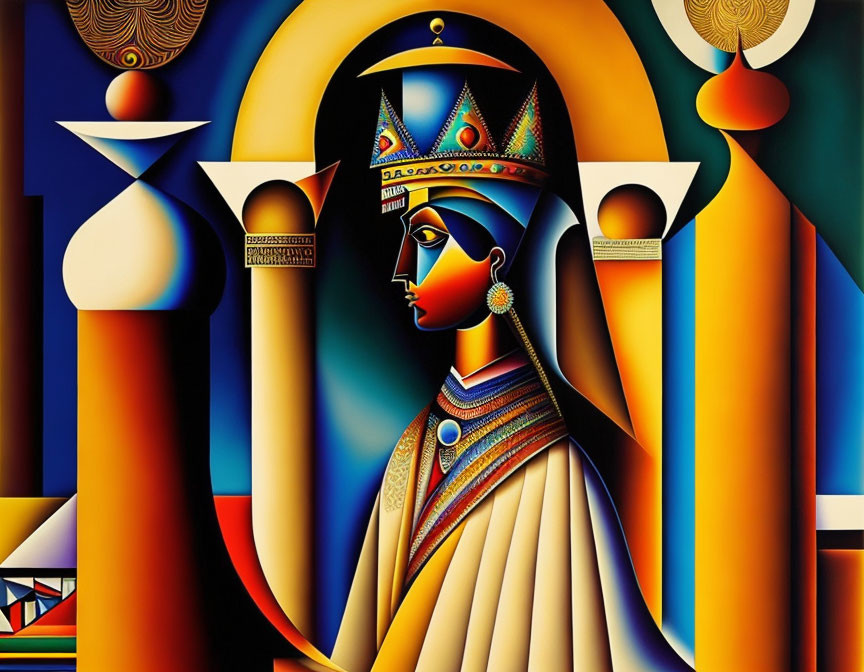 Vibrant geometric art of stylized woman with crown and abstract shapes