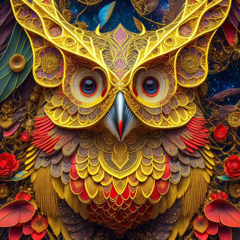 Colorful stylized owl with intricate patterns and red eyes on dark floral background