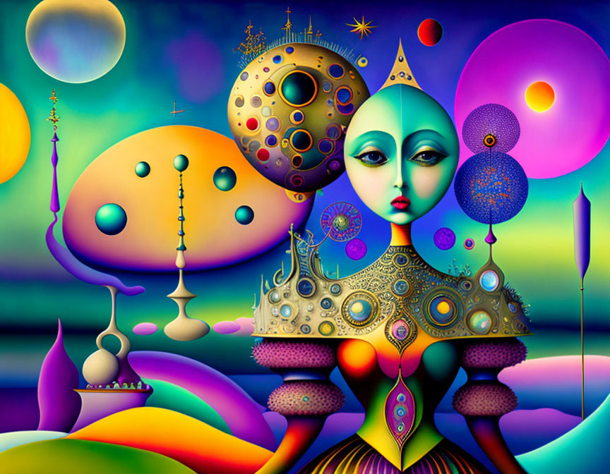 Colorful Surrealist Artwork Featuring Female Figure and Celestial Landscape