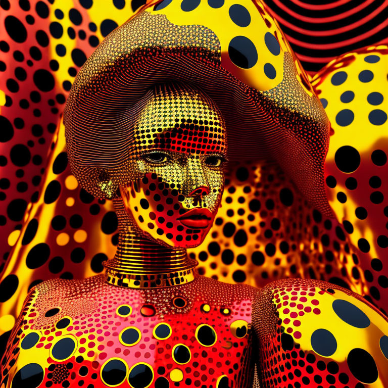 Colorful digital artwork of stylized figure with dotted patterns in red, yellow, and black