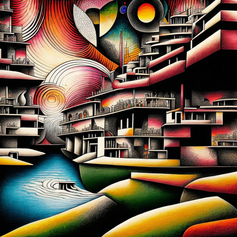 Geometric Abstract Art: Colorful Labyrinth & Waterways