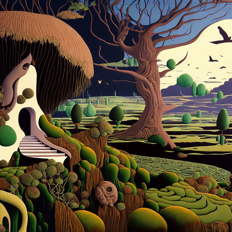 Surreal landscape with mushroom house, intricate trees, round bushes, and starlit sky