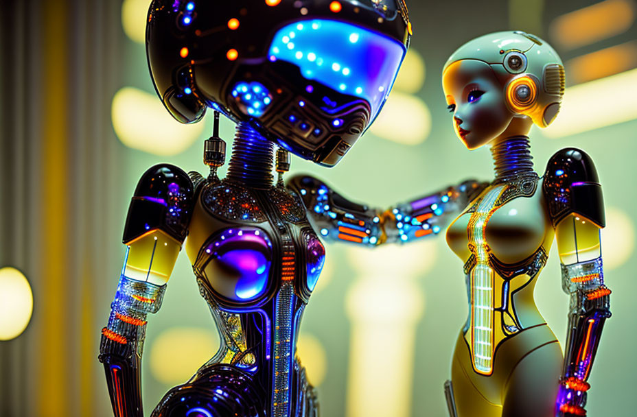 Futuristic robots with human-like features and intricate designs illuminated with neon lights