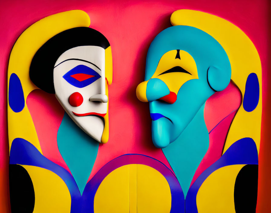 Colorful theatrical masks: one sad, one smiling, on vibrant red background