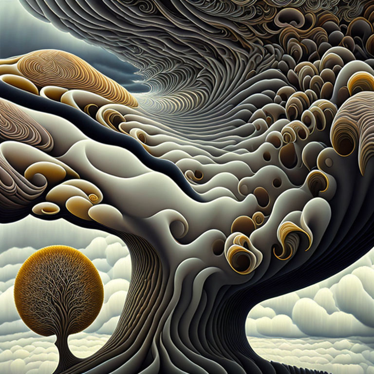 Surreal landscape with stylized tree and wavy patterns in monochrome palette