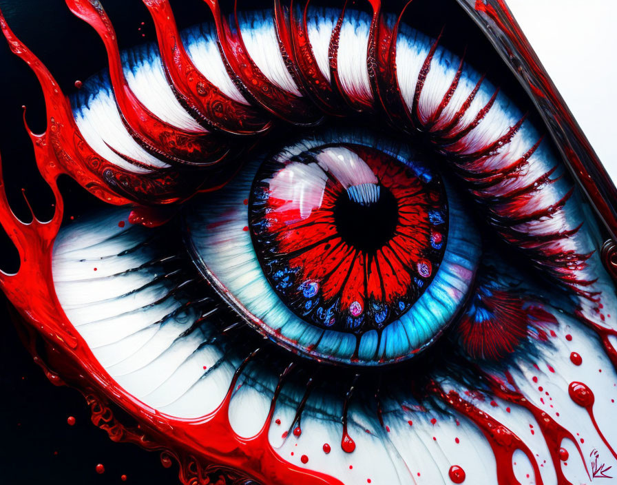 Detailed human eye art with red and white streaks for surreal look