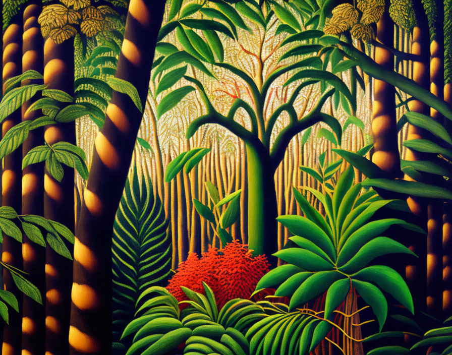 Vibrant jungle illustration with bamboo, ferns, and red flowers