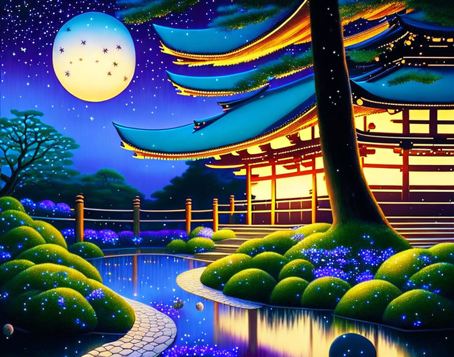 Colorful Japanese Garden Illustration with Glowing Trees & Night Sky