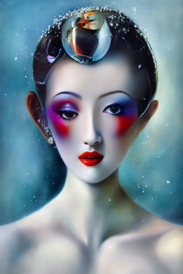 Fantastical digital art: Elf-like woman with vibrant makeup and bird on snow-dusted hair