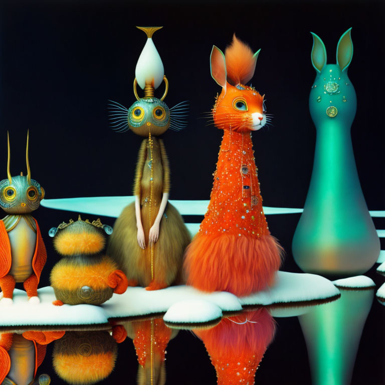 Colorful mythical creatures on reflective surface against dark background