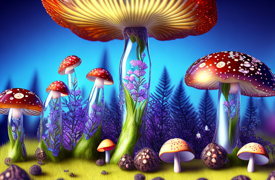 Fantasy-themed illustration of oversized mushrooms in vibrant forest