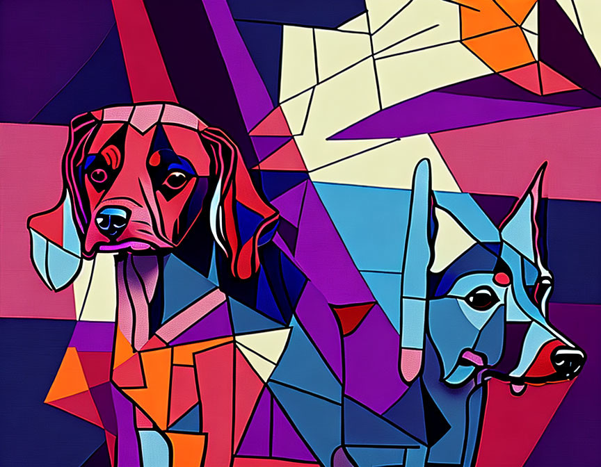 Vibrant Geometric Abstract Art with Two Dogs in Colorful Angular Shapes