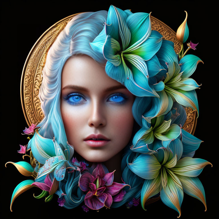 Digital Artwork: Woman with Blue Eyes and Floral Hair on Dark Background