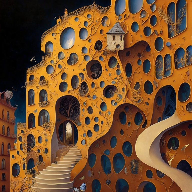 Surreal artwork: Organic cheese-like structure with holes, staircase, buildings, starry night sky