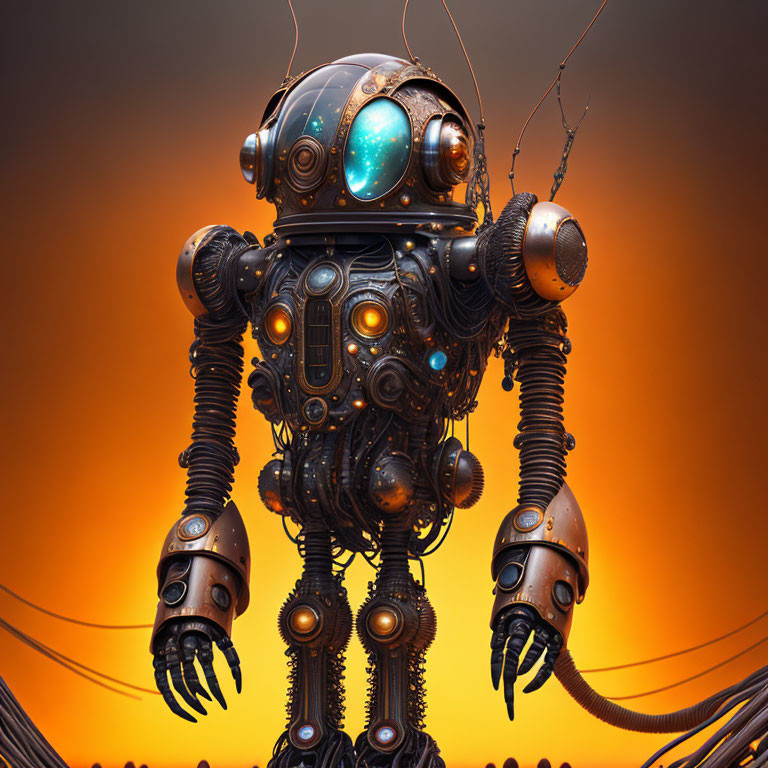 Detailed Steampunk Robot with Glowing Blue Eyes on Orange Background