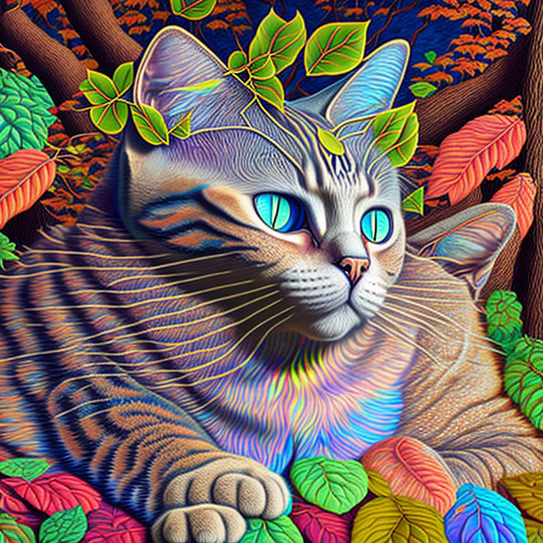 Colorful digital art: Cat with blue eyes in psychedelic backdrop