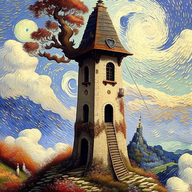 Whimsical clock tower with spiral staircase against Van Gogh-inspired swirl-patterned sky