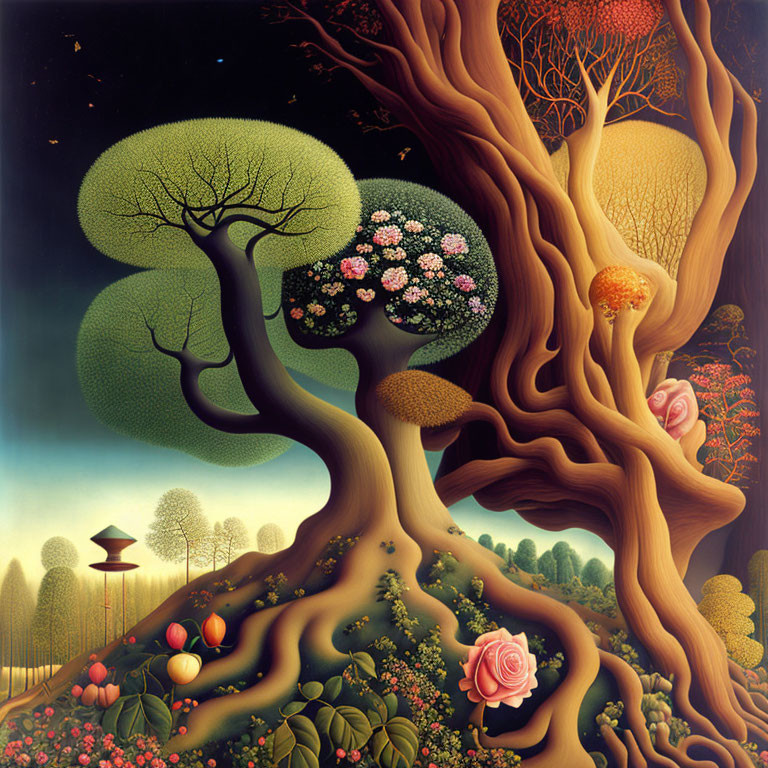 Surrealist painting: Colorful tree with flowers under twilight sky