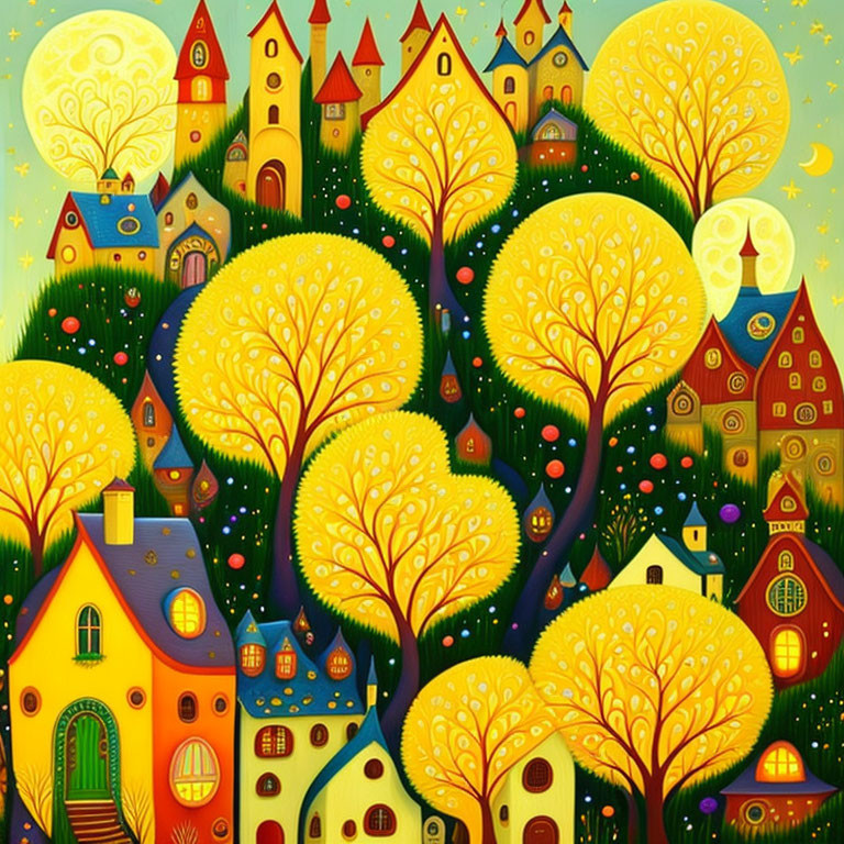 Colorful folk art-style painting of whimsical trees and quirky houses under a moonlit sky