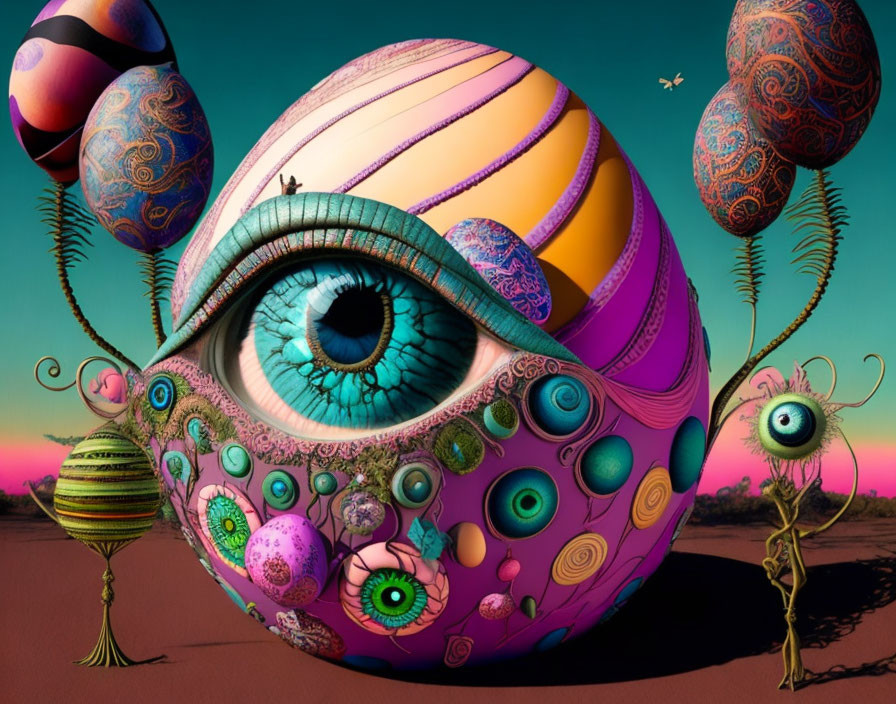 Surreal digital artwork: Large eye in colorful sphere, desert landscape