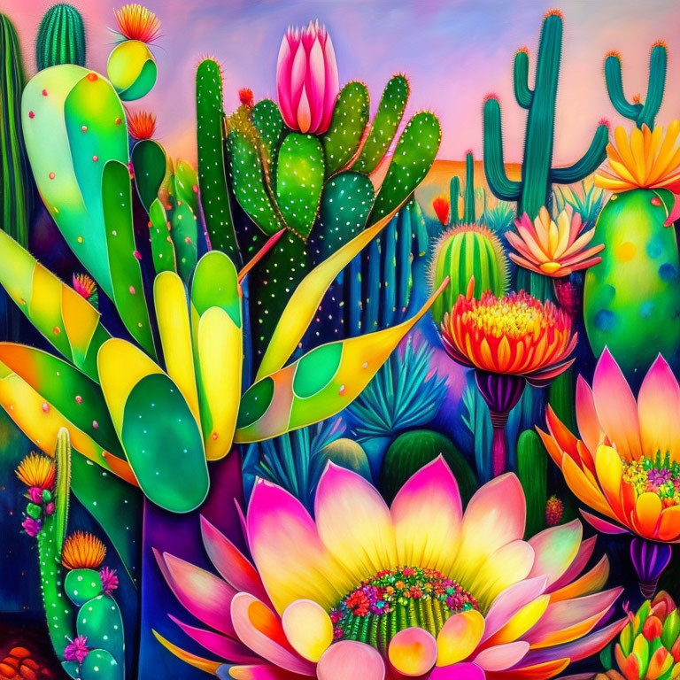 Colorful painting of blooming cacti and succulents in vivid hues