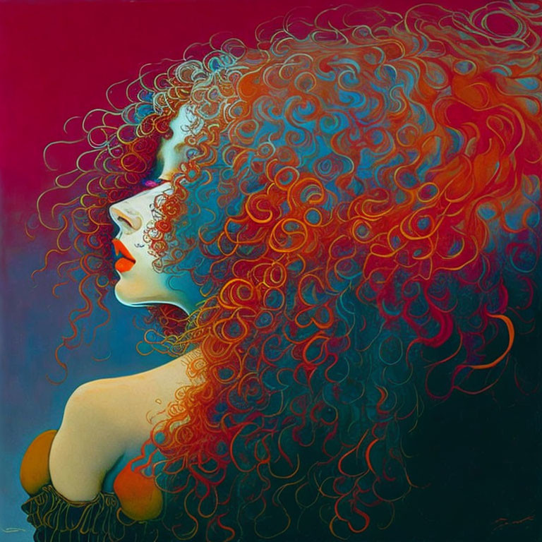 Vibrant artwork of woman with curly red hair on blue and red background