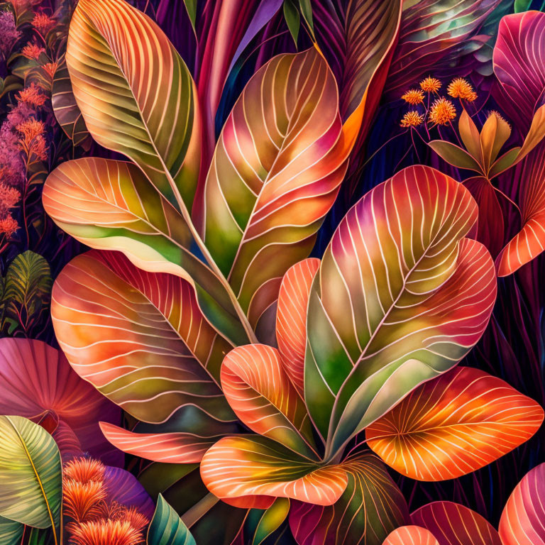 Colorful Tropical Foliage Artwork with Intricate Patterns