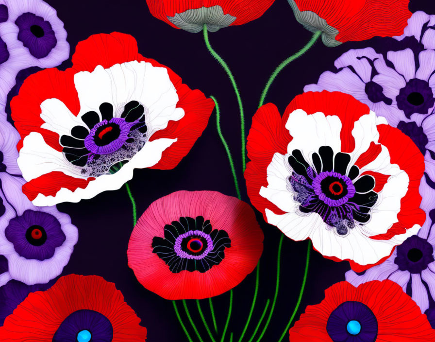 Colorful Stylized Red and White Poppies on Purple Background