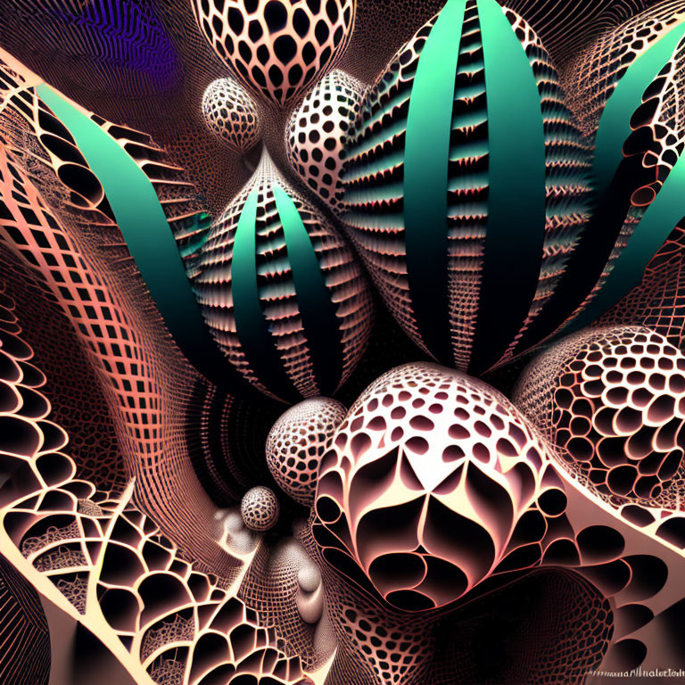 Intricate 3D fractal image with geometric patterns and mesh textures