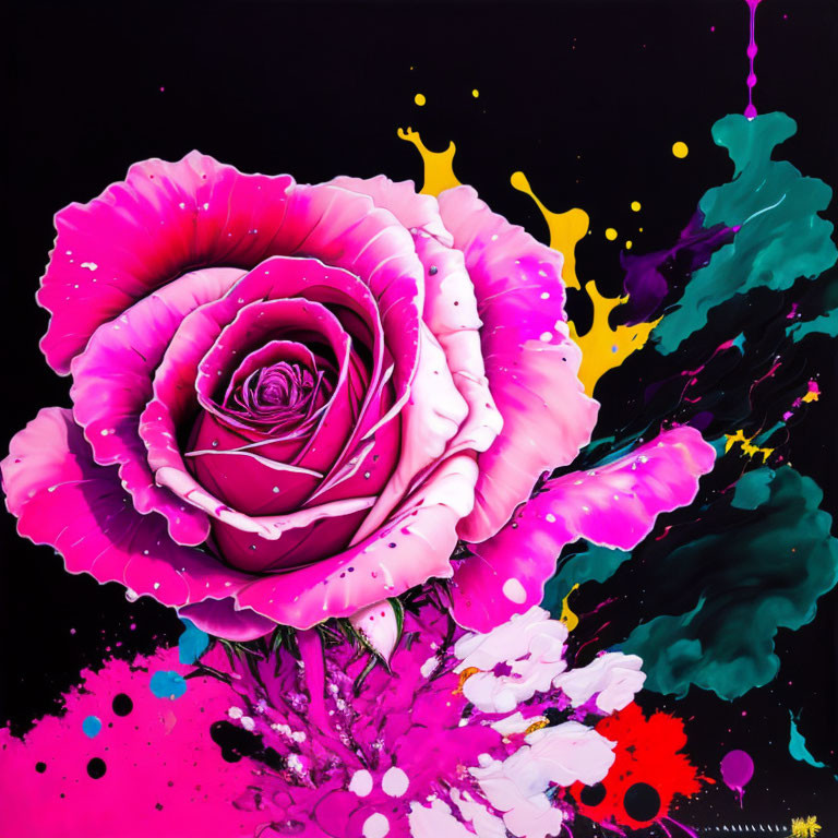 Colorful digital artwork: Pink rose with splashes of yellow, blue, purple, and white on