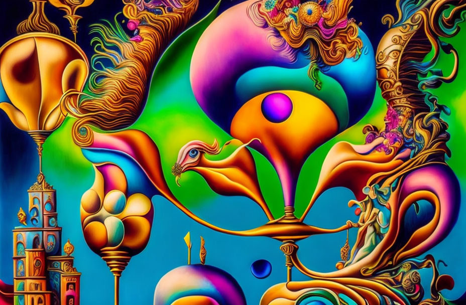 Colorful Psychedelic Artwork with Abstract Patterns & Fantastical Elements