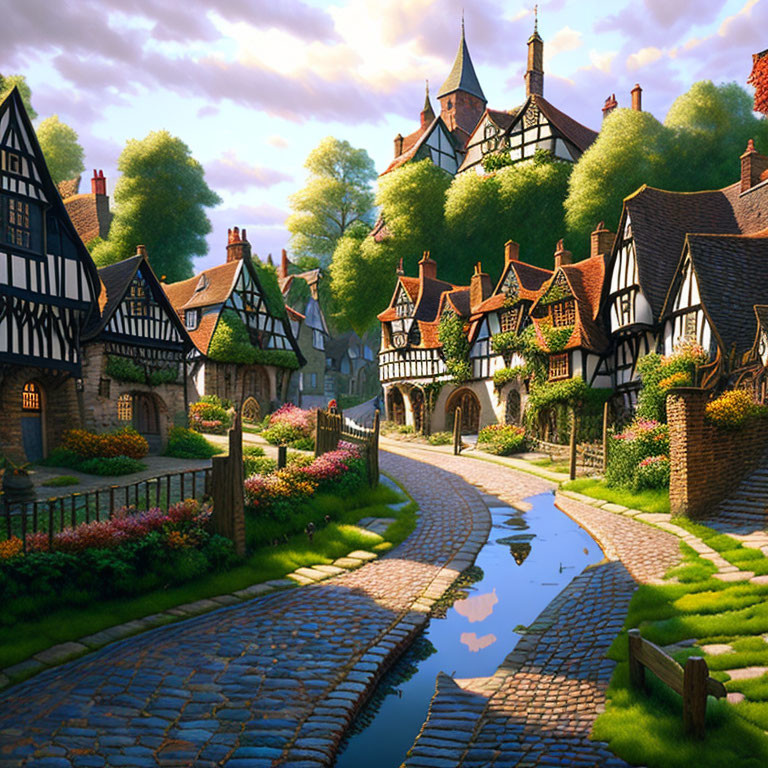 Picturesque village with cobblestone street and Tudor-style houses